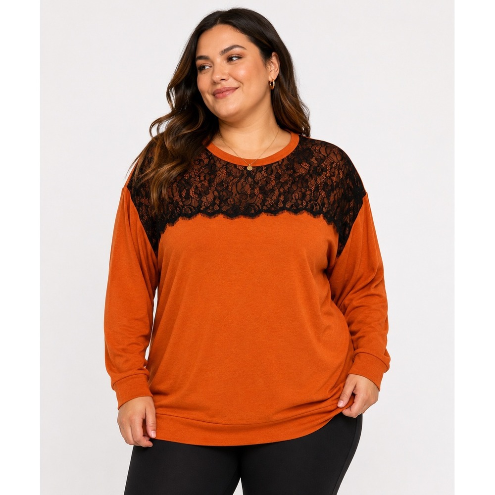 For G and PL Women Burnt Orange Lace Yoke Long Sleeve Top Crew Neck Size L